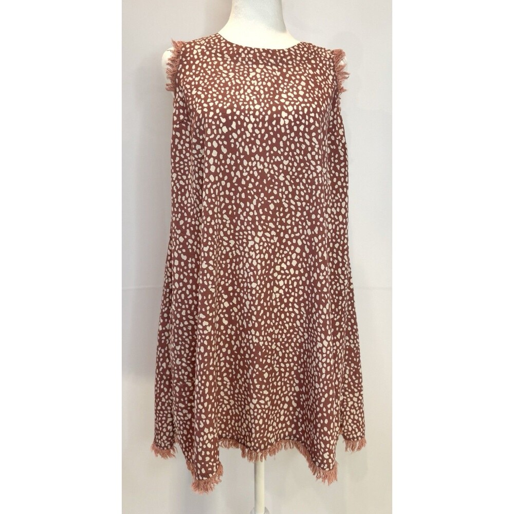 Umgee Women's S Dusty Pink White Print Swing Dress Sleeveless Tassel Hem Boho
